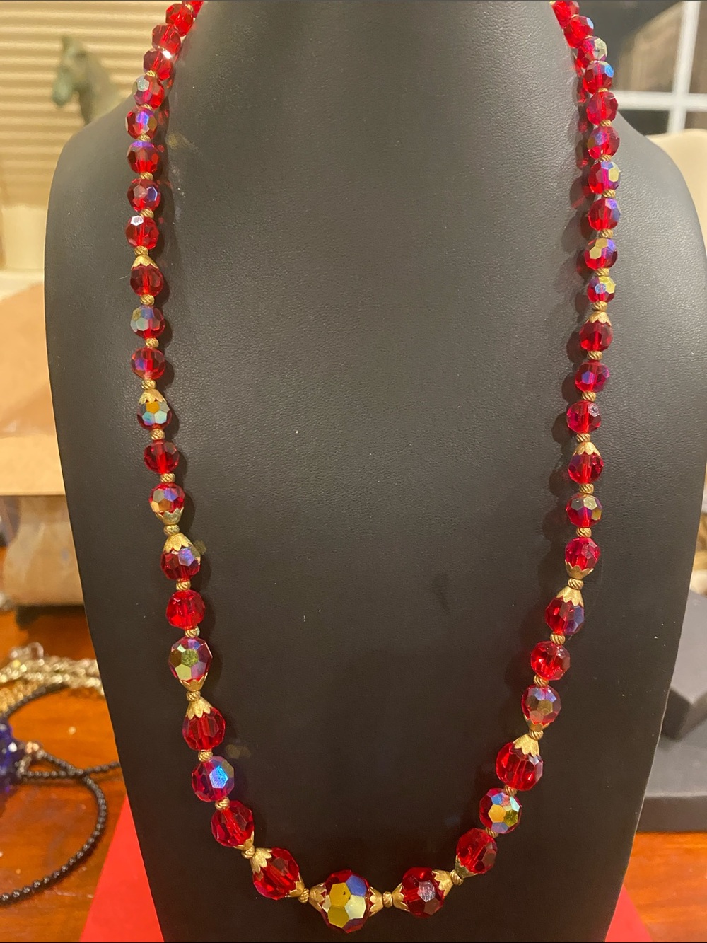 Faceted Red Aurora Borealis Crystal Necklace with Gold Accents